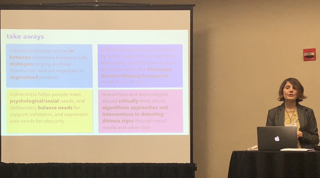 oliverhaimson's tweet image. Important takeaways from @naz_andalibi ‘s work on indirect disclosures of stigmatized experiences on social media #CSCW2018