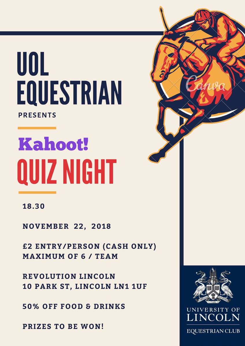 🎉COME &amp; JOIN US🎉
It’s our first fundraising event of the year! Nothing says Quiz night like a game of
KAHOOT!🦄 
•Only £2 per person (CASH ONLY😇) 
•Each team can have a maximum of 6 people 👫👭👬
•50% OFF FOOD &amp; DRINKS @ REVS
•Awesome PRIZES to be won 🎁