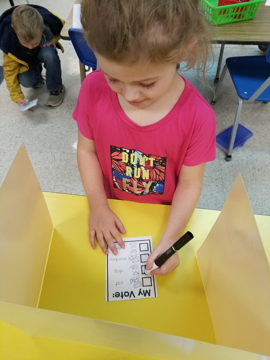 SawyerKinder's tweet photo. Kindergarten is exercising their right to vote and you should too! I can't wait to see the results of our "What animal makes the best pet?" election. 🐇🐒🐕🐱 https://t.co/Yfu1EbqXpX