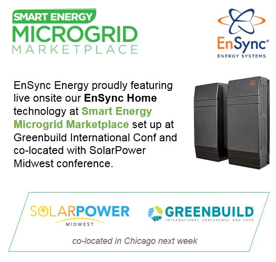 EnSyncEnergy's tweet photo. #EnSyncHome will operate live on show floor next week at Solar Power Midwest @Greenbuild #Greenbuild18 under the Smart Energy Microgrid Marketplace banner, booth 1697. Learn how smart energy homes operate in neighborhood #microgrid configuration. #Solar https://t.co/Puyv2VMj7h https://t.co/7ARlcHFZTB