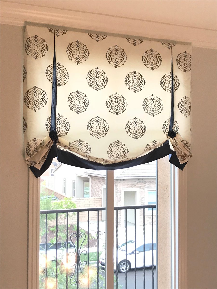PCDrapery's tweet image. London Shade valance with contrast pleats and banding installed in a second story window in Foothill Ranch.  The face fabric is @Fabricut Doozy Medallion color Slate.  #drapery #valance #windowcovering