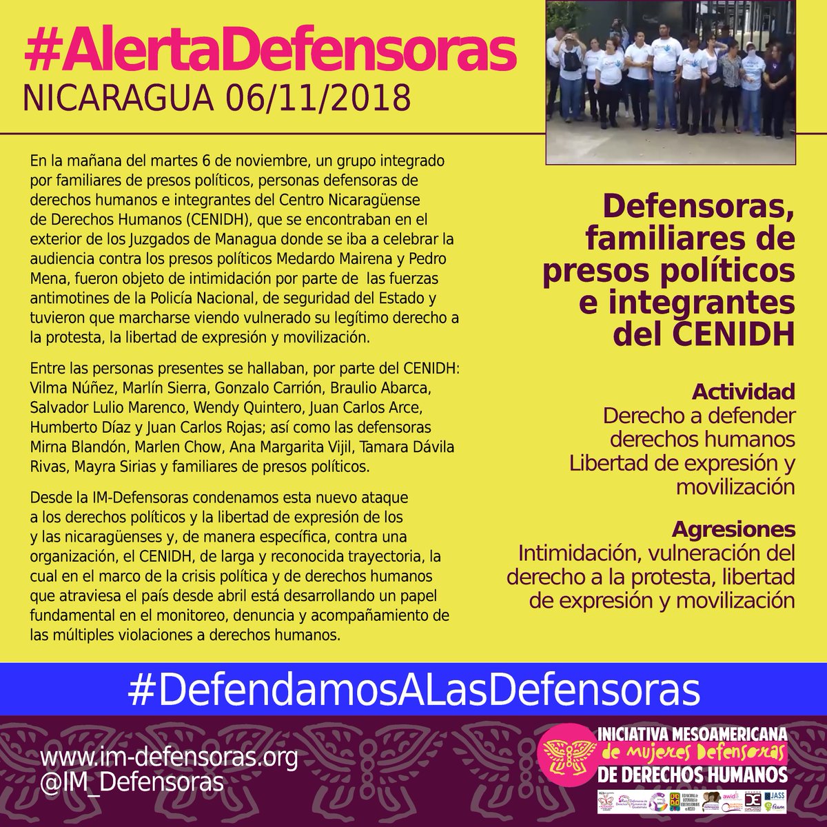 IM_Defensoras's tweet photo. 🆘#AlertaDefensoras NICARAGUA / Intimidación, vulneración del derecho a la protesta, libertad de expresión y movilización contra defensoras, familiares de presos políticos e integrantes de @cenidh ▶️https://t.co/VLgCHYZQfA  @INDefensoras @ForstMichel @mbachelet #SOSNicaragua https://t.co/MRdJSXcNOu