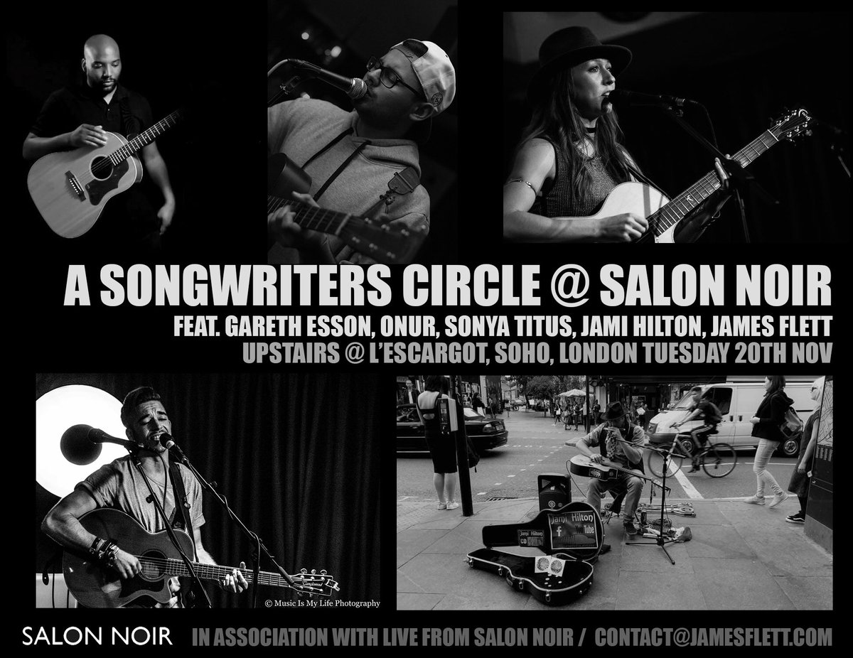 IamFlett's tweet photo. Two weeks today! Very excited to be putting together a songwriter circle evening upstairs @LEscargotSoho with @GarethEsson @sonyatitusmusic #Onur #JamiHilton and myself sharing a few songs and drinks in the heart of #soho #london 

Hope to see you there! 💛

#gig #london #music https://t.co/ITSk3ujA90