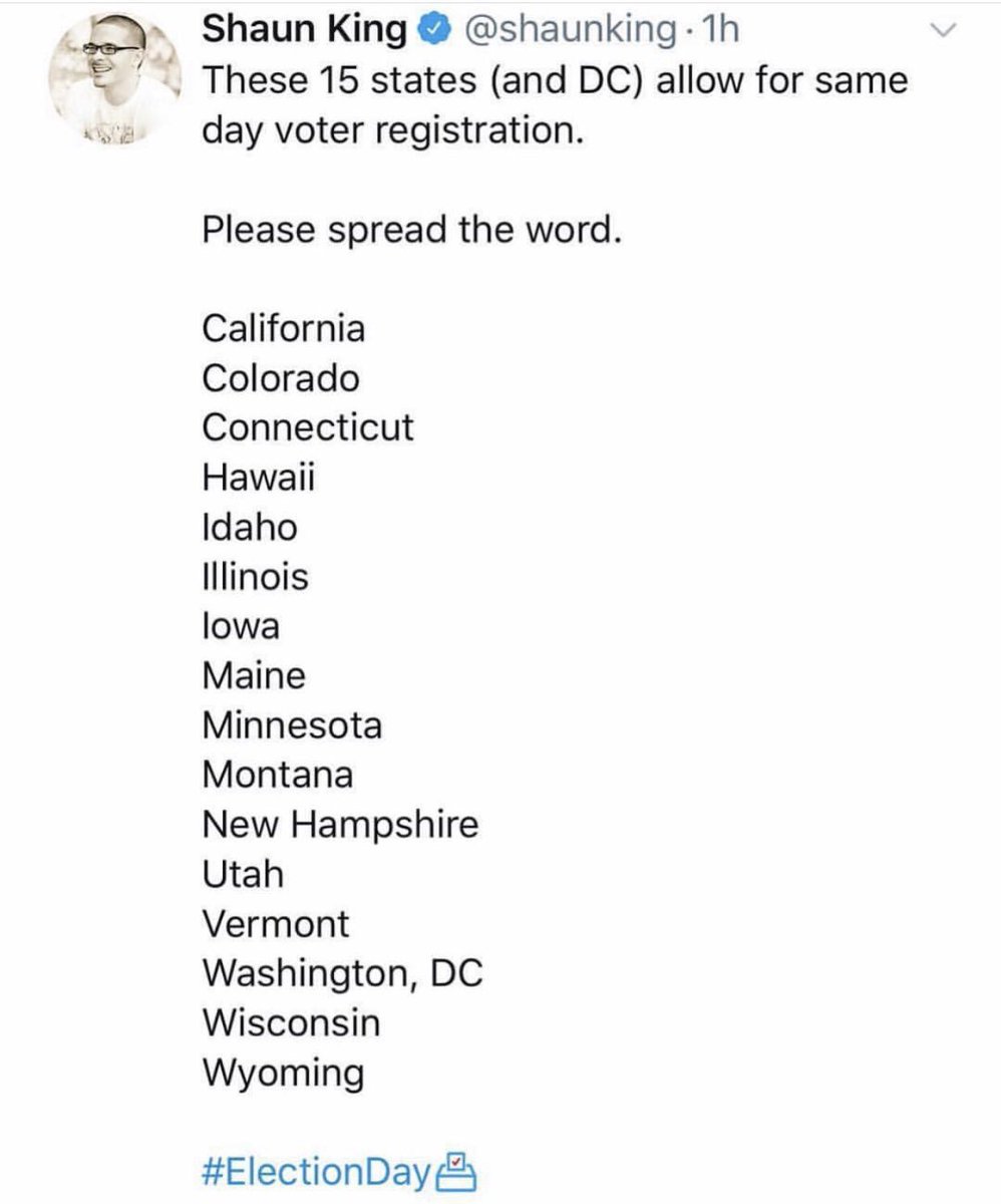 HUSISTUHS's tweet photo. If you have not registered to vote, look below and see if your state is listed. Same day voter registration is available! Please go out and use your right to vote! https://t.co/Y3A3engrsa