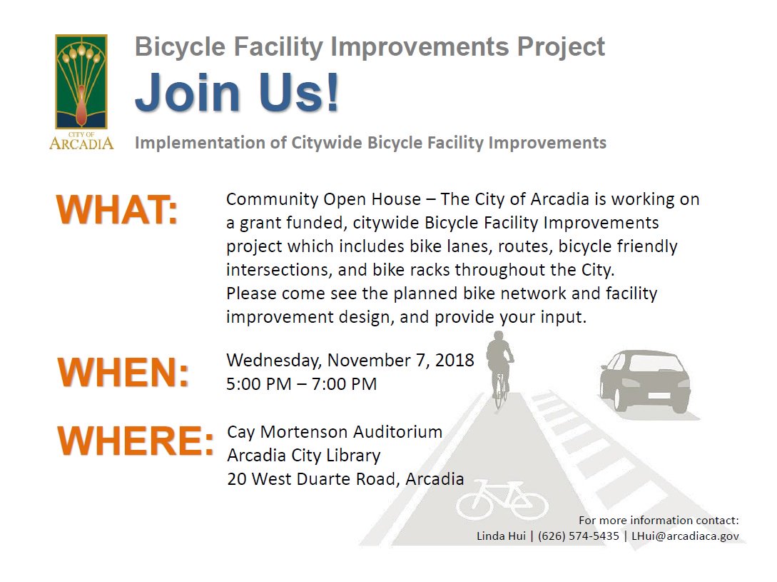 #Arcadia Bikeway meeting 5-7pm TONIGHT Wed 11/7! Help inform the design of the City's newest bike-friendly streets. #bikeSGV #bikeLA #bikeCA 

<a href="/StreetsblogLA/">StreetsblogLA</a> <a href="/SGVCOG/">San Gabriel Valley COG</a> <a href="/bikinginla/">BikinginLA (same name on the sky app)</a> @boyonabike62 <a href="/PAA_Cycling/">PAA Cycling</a> <a href="/eastsidebikes/">Eastside Bike Club</a>