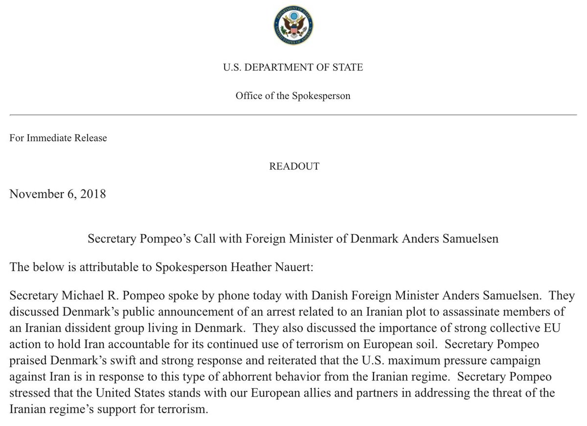 A readout from Spokesperson Heather Nauert of Secretary Pompeo's Call with Foreign Minister of Denmark Anders Samuelsen, November 6, 2018.