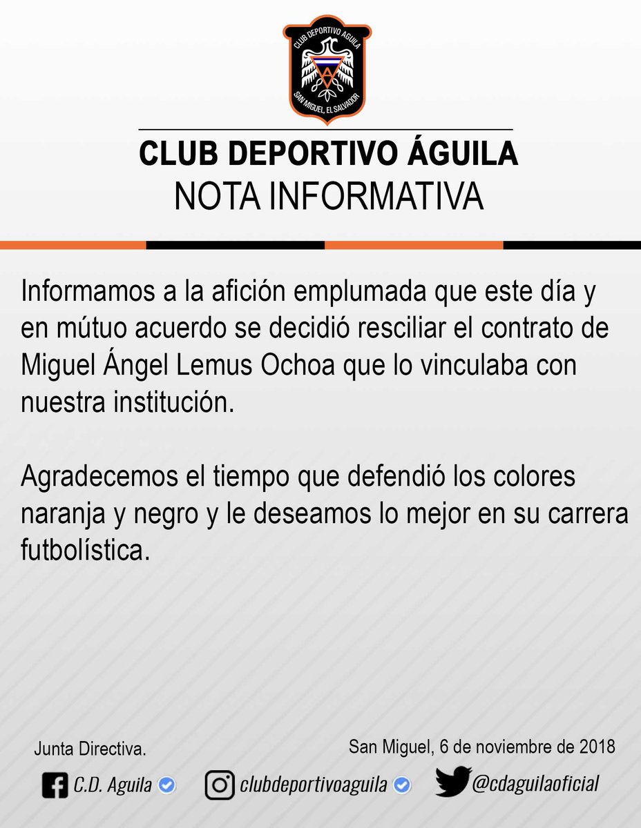 cdaguilaoficial's tweet photo. #NotaInformativa | Resciliación del contrato de Miguel Ángel Lemus. https://t.co/9GUiixgeTZ