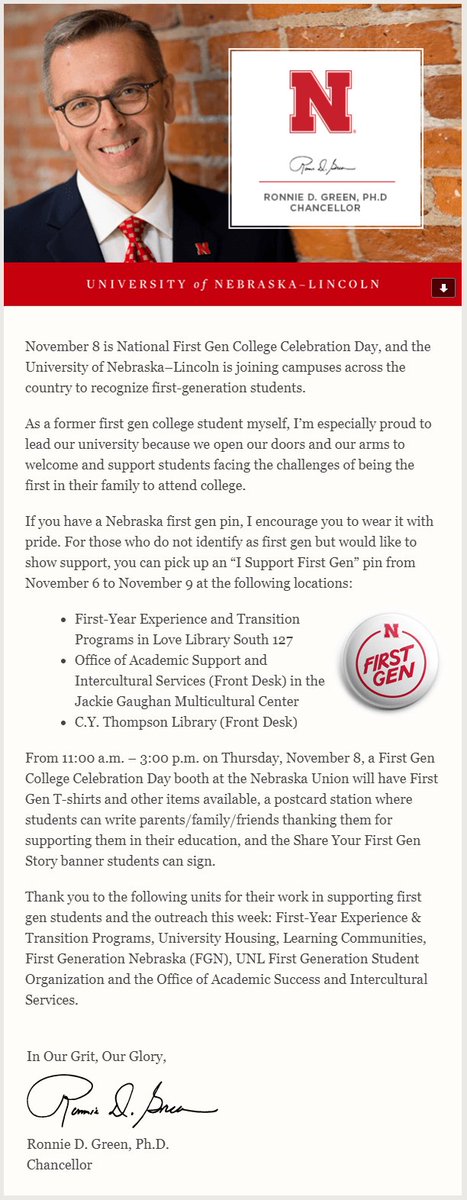 1stGenNebraska's tweet image. A message from our Chancellor @RonnieDGreen (a fellow #FirstGen !!) about the National First Gen College Celebration day (this Thursday!). We hope to see you at one of several events planned for the day! #FirstGenNebraska