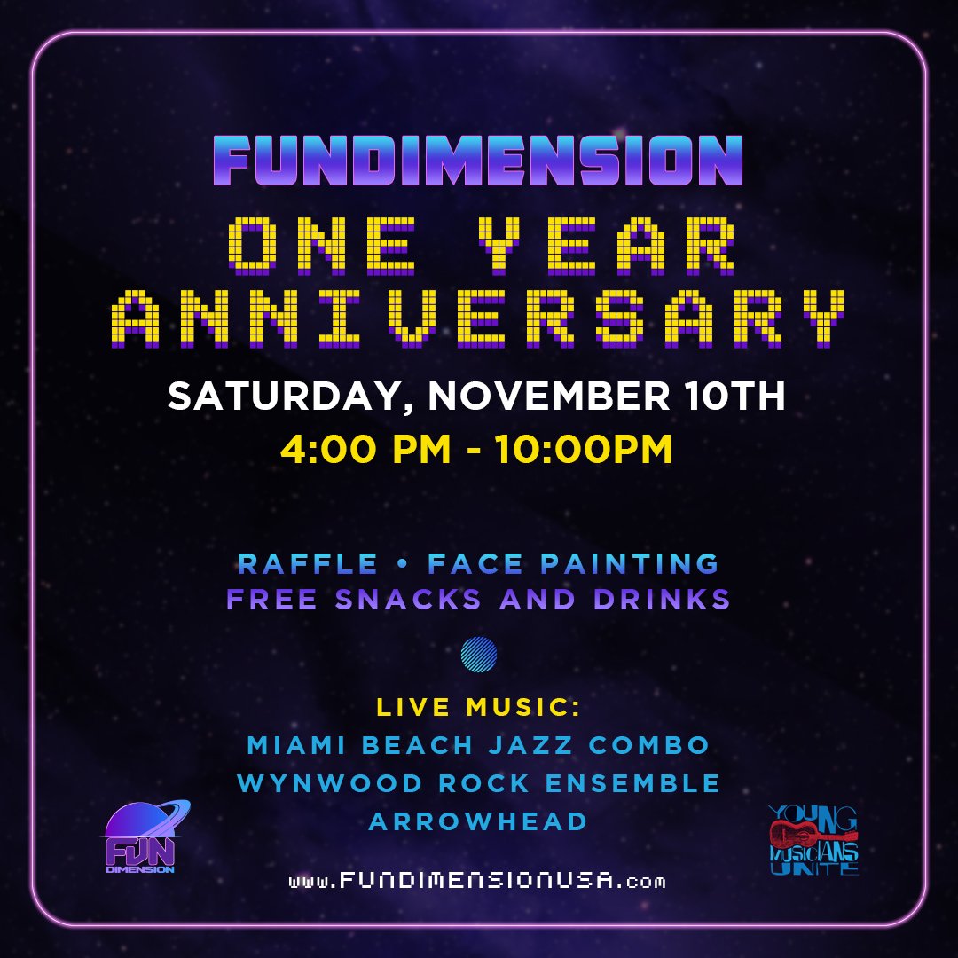 IT'S OUR BIRTHDAY! 🎉We are ecstatic to celebrate our first year in Wynwood. This weekend, we’re throwing a party. Enter the FunDimension for live music, face painting, raffle prizes, free snacks, drinks and much more! EAT, PLAY, WIN for this special occasion at #FunDimension