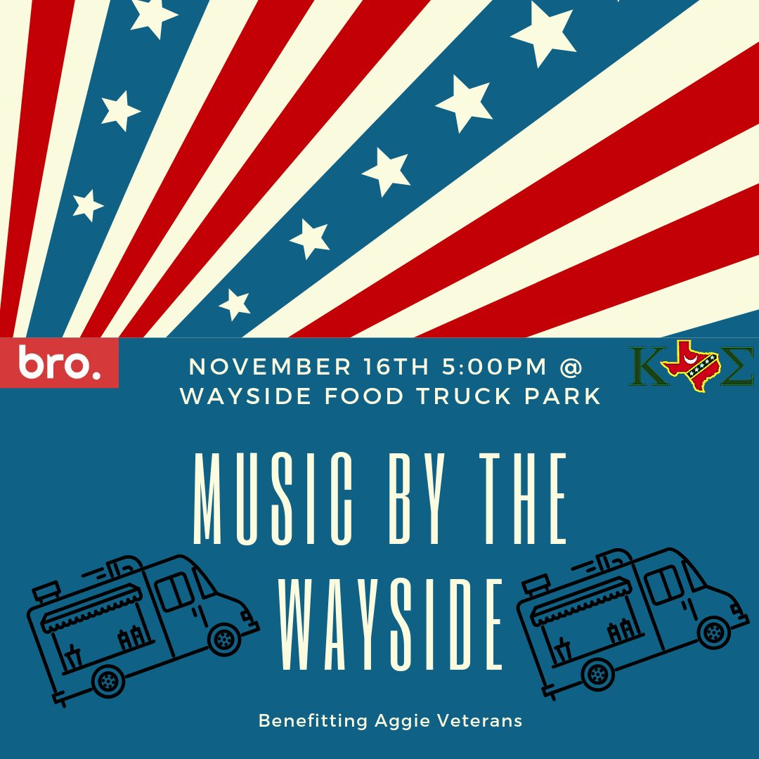 aggiekappasigma's tweet image. Come out to Wayside food truck park Nov 16th to enjoy a live music concert for Kappa Sigma's new philanthropy Brothers Reaching Out, raising awareness for men's mental health. All proceeds go to Aggie Veterans! 
Tickets in link below!

texasam.crowdchange.co/5515/donate