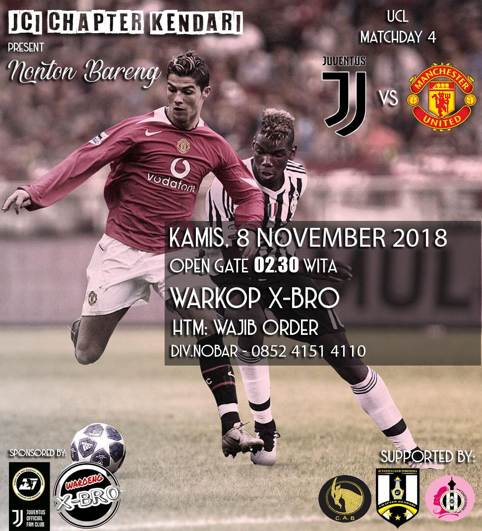 📣 Nobar UCL
⚽ JUVENTUS FC vs MANCHESTER UNITED
🔽 All Juventini,Member or Non Member
📅 Kamis : 8 November 2018
🕗 Open Gate : Pukul 02:30 Wita
📍 Warkop : X-Bro (Depan Spa For U)
💵 Wajib order
👕 All About Juventus
📲 Cp |085241514110 Divisi Nobar
