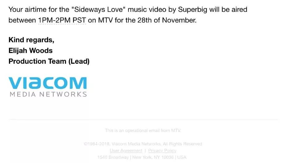 SuperbigMusic's tweet photo. As promised Superbig fans, our video for Sideways love will be airing on MTV, November 28th between 3 and 4pm central time. Set those DVRs and make sure to not miss our national premiere! We will also be airing on VH1 with additional airtime on MTV, more details to come. #mtv https://t.co/PSlH9dG4cd