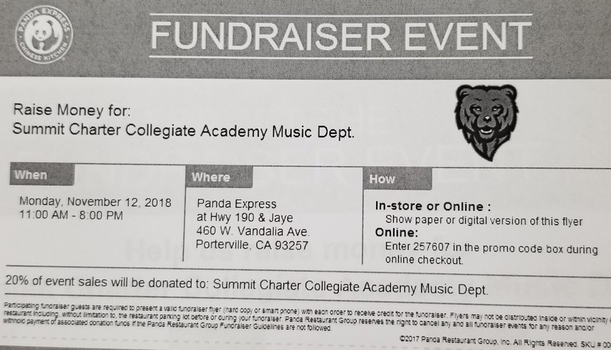 The SCCA Music Department is having a fundraiser at PANDA EXPRESS from 11am - 8pm.  All you do is show the flyer (or a photo of it on your phone) when you check out and 20% of what you spend is donated to SCCA. It doesn't cost you any extra! #sccabears#burtonstory#musicfundraiser
