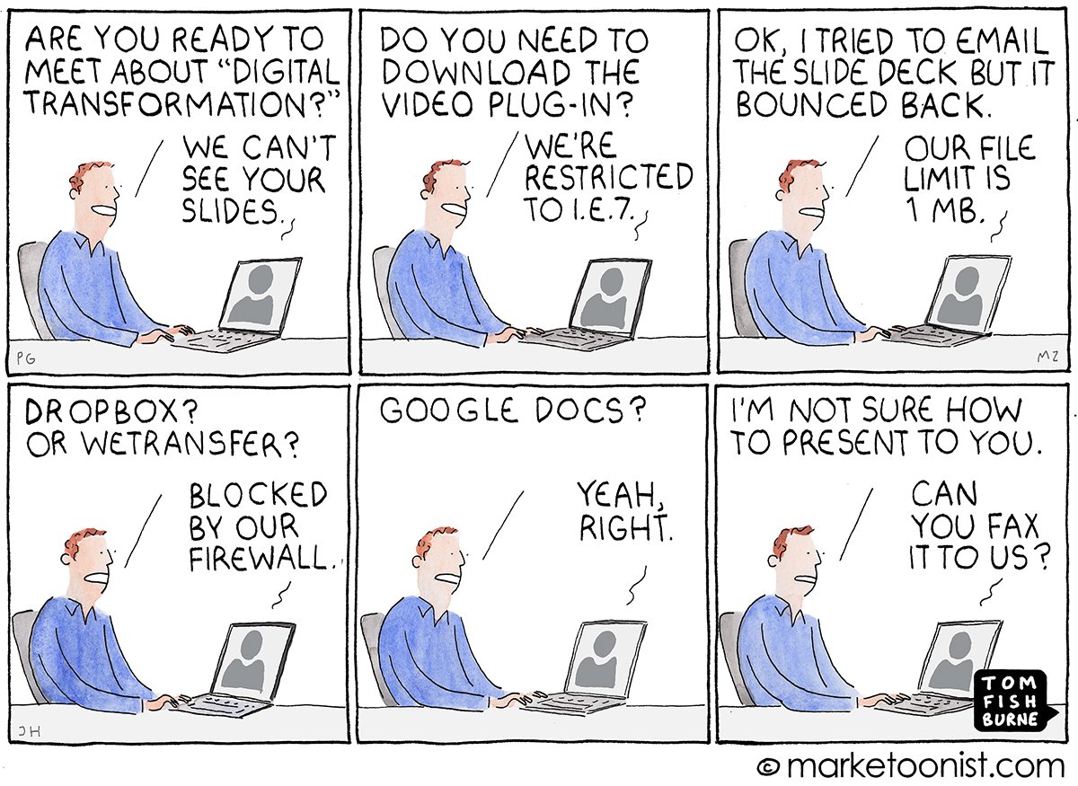 Ohhhh don't I know this feeling... 😂 Cartoon by @marketoonist via @psb_dc bit.ly/2OFtgyc “Technology changes exponentially, organizations change logarithmically.” #DigitalTransformation #Tech #BeenThereDoneThat
