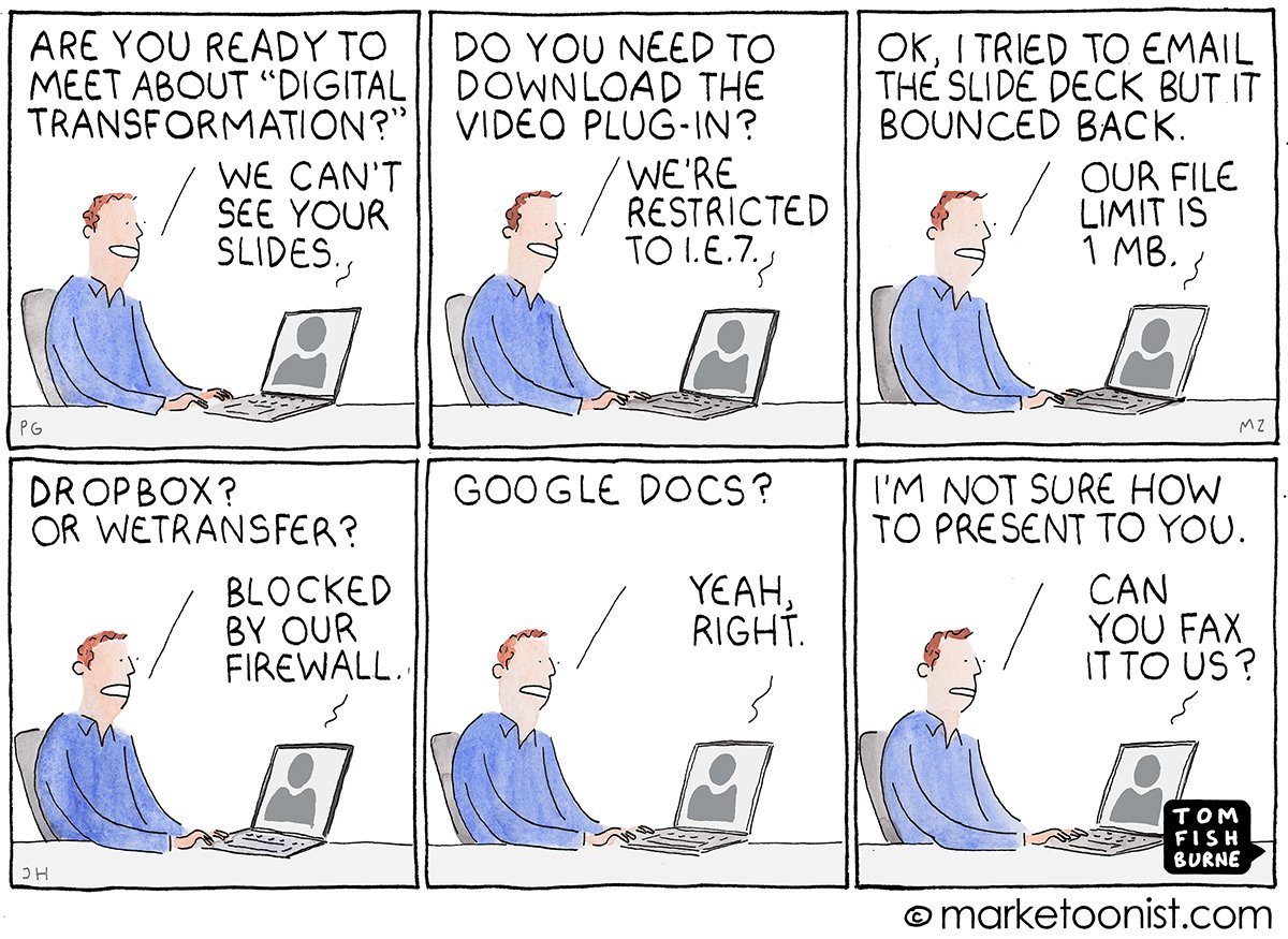 Diana Adams (@adamsconsulting) on Twitter photo Ohhhh don't I know this feeling... š
Cartoon by <a href="/marketoonist/">Tom Fishburne</a> via <a href="/psb_dc/">Theodora (Theo) Lau - åäę¼ š»</a>
bit.ly/2OFtgyc
āTechnology changes exponentially, organizations change logarithmically.ā
#DigitalTransformation
#Tech
#BeenThereDoneThat Ohhhh don't I know this feeling... š
Cartoon by <a href="/marketoonist/">Tom Fishburne</a> via <a href="/psb_dc/">Theodora (Theo) Lau - åäę¼ š»</a>
bit.ly/2OFtgyc
āTechnology changes exponentially, organizations change logarithmically.ā
#DigitalTransformation
#Tech
#BeenThereDoneThat