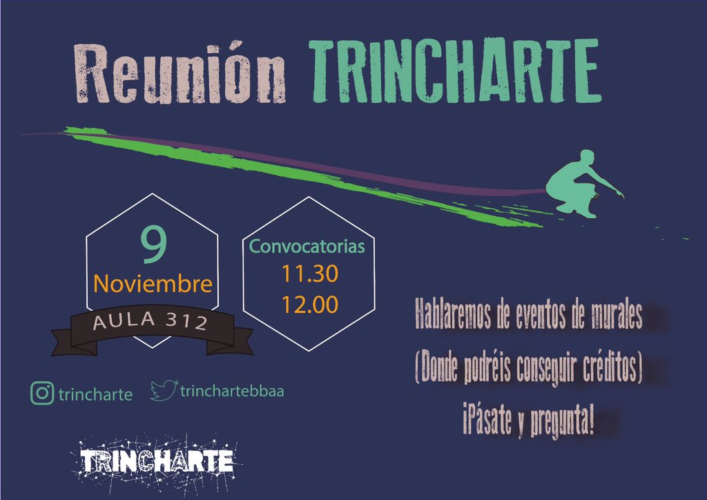 ¡Volvemos a la carga pequeños artistas! Tenemos reunión para hablar de temas que os interesarán mucho.
-Proyectos de murales, con posibilidad de créditos.
-Conocer a la nueva Junta.
¡Y mucho más!

¡OS ESPERAMOS EN 9 DE NOVIEMBRE!