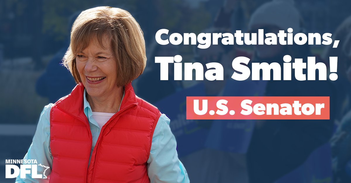 MinnesotaDFL's tweet photo. Tonight, the people of MN have reaffirmed Gov Dayton's confidence in Senator @TinaSmithMN! In the 10 months since Tina's appointment to the U.S. Senate, she has been a relentless fighter for MN values.
We're proud and excited to send her back to Washington. #mnsen #DFL2018 https://t.co/cxne2rXBvf