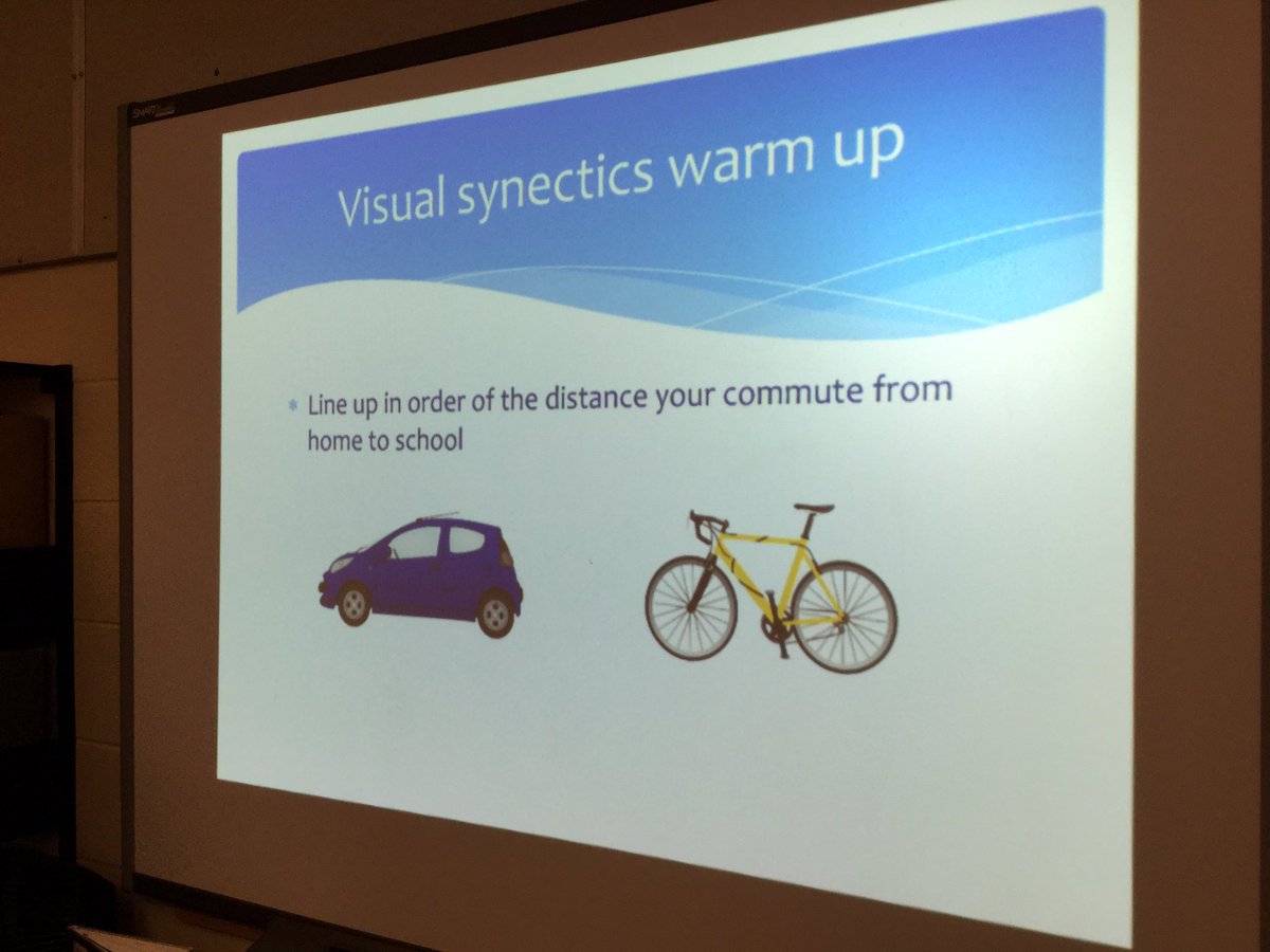 Let's Talk Reporting in the CSL model workshop in @kambctl learning commons. Visual synetics warmup with #vsb teachers about their commute to work. How long is your commute? Lined up shortest to longest. #lotsofsharing #vsblearns