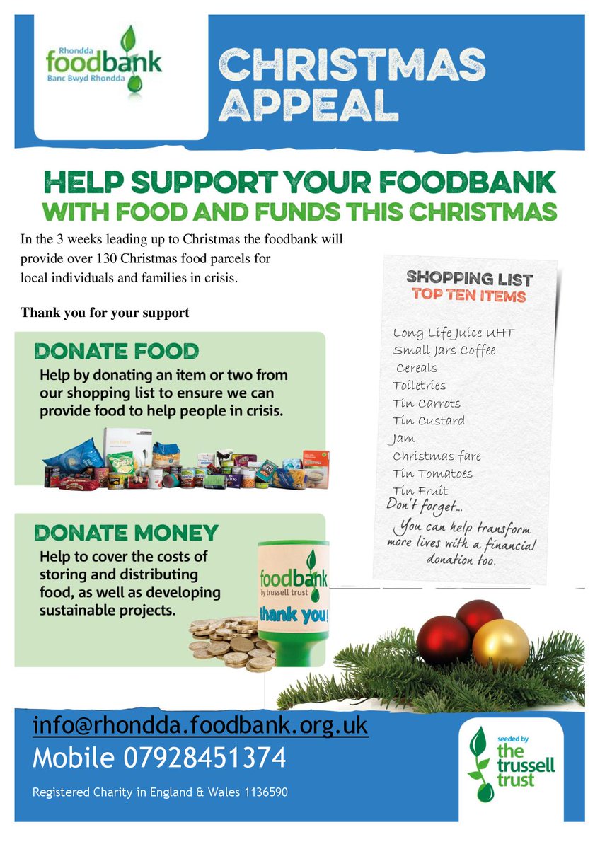 Christmas can be a difficult time of year for many families, please can you support the Rhondda Foodbank this year, many organisations and individuals are not buying and sending Christmas cards , instead they are buying food and donating to the Rhondda Foodbank.