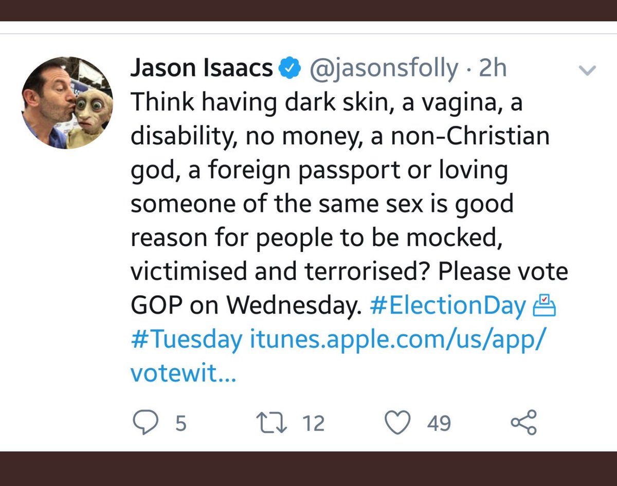 Sephirayne's tweet image. #JasonIsaacs was suspended for this tweet (pictured). Personally, I think it is far better than some of the sexiest, racist, derogatory, dehumanizing bile that some world leaders demonstrate in their actions/words. I support him 110%. #cannotstopthesignal #gettingthewordout #vote