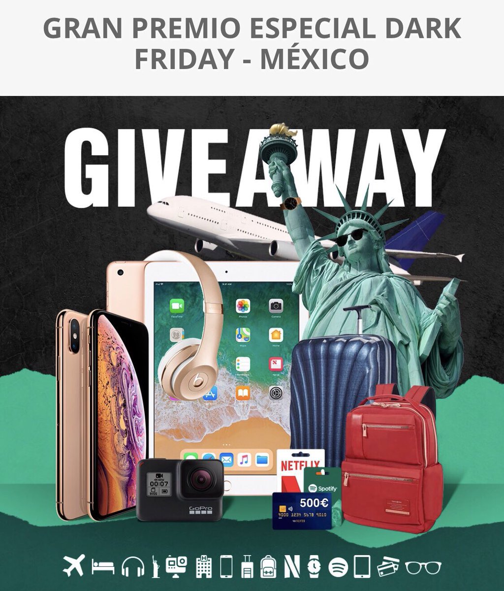 HawkersMX's tweet photo. VIAJE NY: Vuelo + Hotel para 2 personas (5 días)
HAWKERS y BRATLEBORO
iPhone XS
Auriculares BEATS
GO PRO Hero 7
iPad 9,7"
NETFLIX y SPOTIFY (Durante un año)
MALETA SAMSONITE
500 USD 

Dinámica: https://t.co/DYxne6YuVJ #HawkersDarkFriday \O/ https://t.co/c6ZPB64Gn5