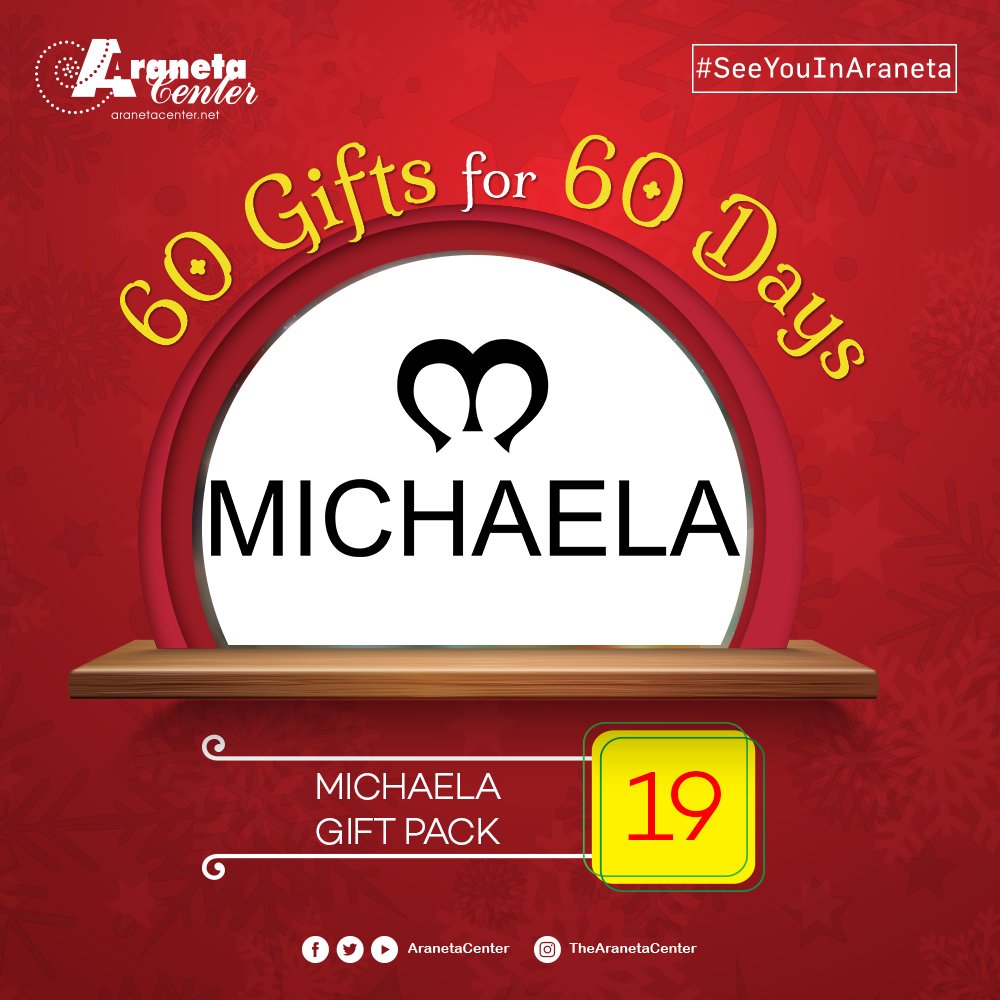AranetaCity's tweet photo. Day 19 of 60: Win a GIFT PACK from MICHAELA! 
FOLLOW us, QUOTE and RETWEET this, tag 5 friends, and use the hashtags #60giftsfor60daysYear4, #AranetaDay19of60, and #SeeYouinAraneta

For full mechanics visit: https://t.co/SNq2Q09Dcq https://t.co/pij9UOiWZ6