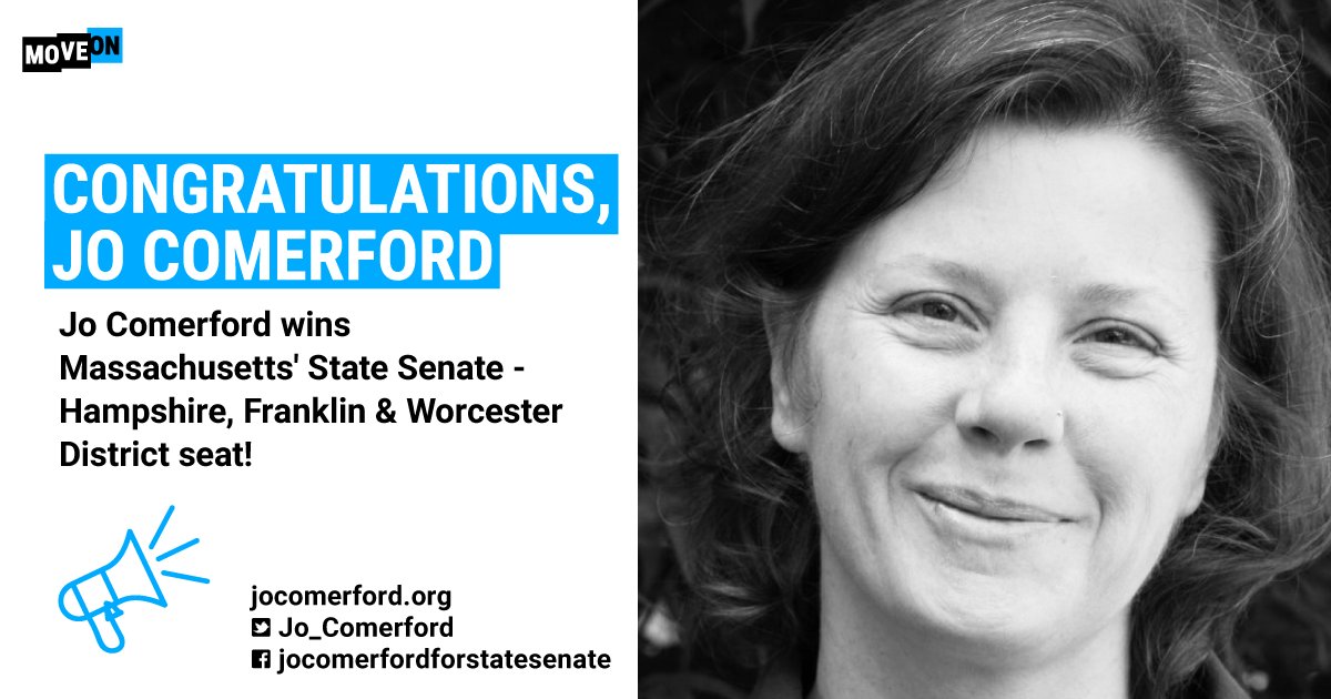 MoveOn's tweet photo. Congratulations to former MoveOn campaign director @Jo_Comerford on winning this seat in the general after an epic write-in primary election! #GoWithJo https://t.co/pKT6VUMVQ4