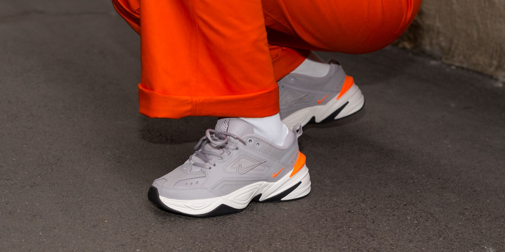 Nike m2k tekno trainers store atmosphere grey phantom total orange