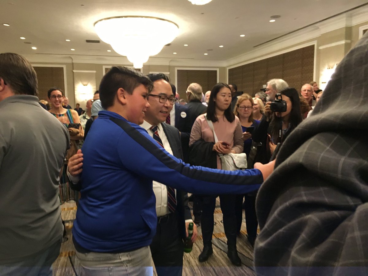 DeSistoBCT's tweet photo. N.J.-3rd candidate Andy Kim mingles with supporters at Dem headquarters as results come in #BurlcoVotes https://t.co/s12AT0lVdc