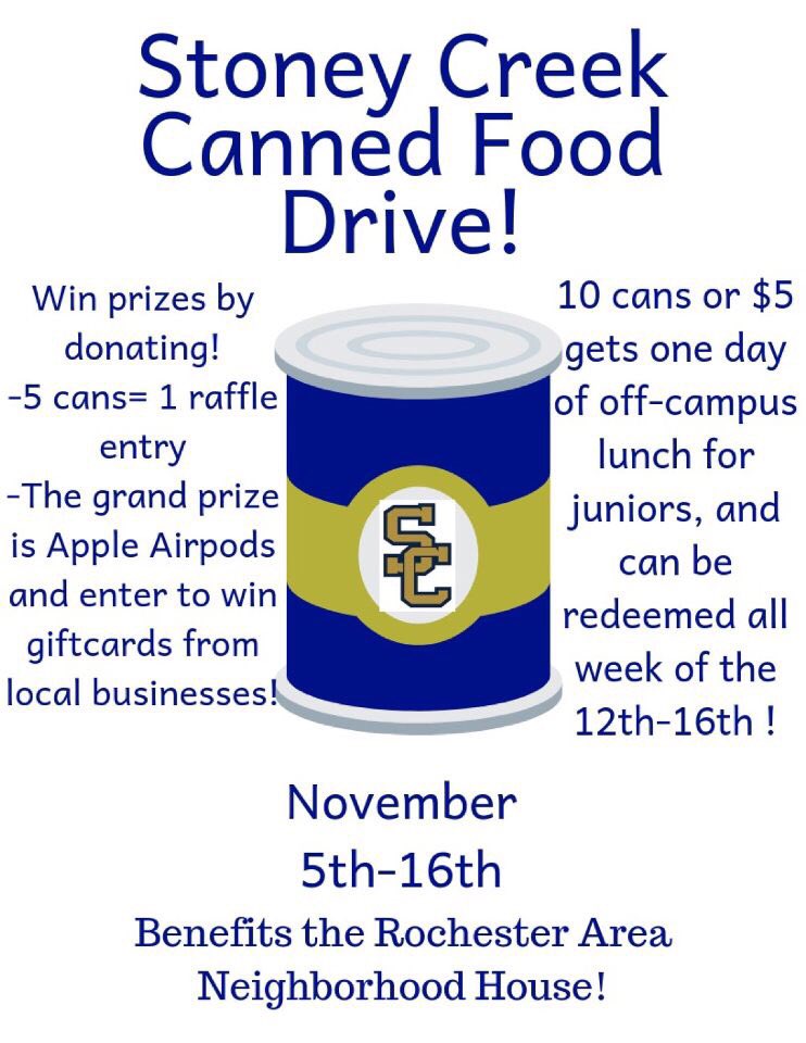 Bring in cans for the canned food drive November 5th-16th! 5 cans=1 raffle ticket! Donate to win prizes and help the Rochester Area Neighborhood House this thanksgiving!