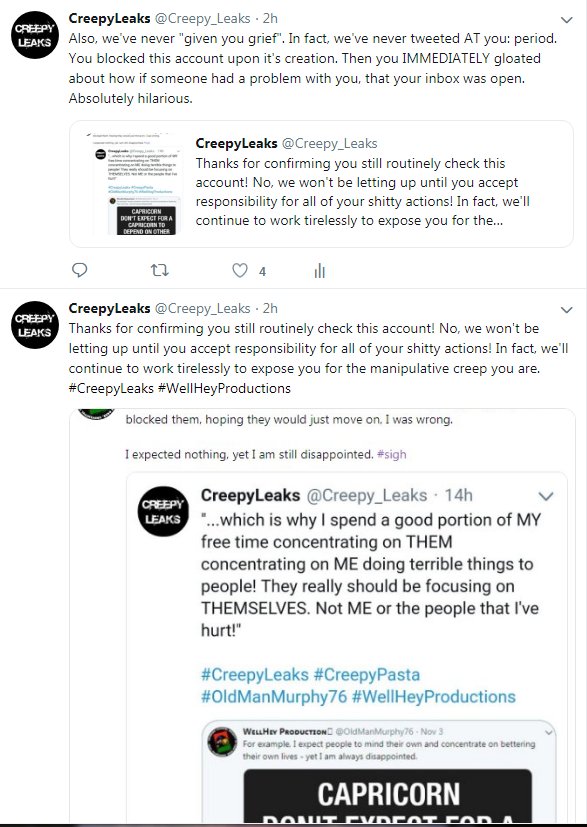 Creepy_Leaks's tweet photo. Your frustration is comical. :) We love that you continue to just dance around actually admitting to the things that you've done but you can't seem to commit to keeping your mouth shut and pretending they didn't happen. #CreepyLeaks #WellHeyProductions #OldManMurphy76 https://t.co/JbVaK8GkE6