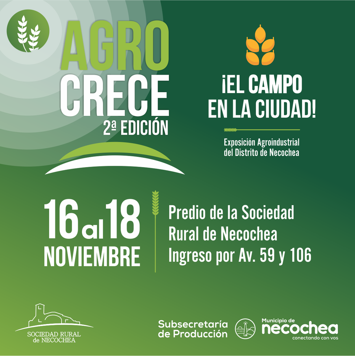 ProduccionNeco's tweet photo. ⚠️ La muestra del campo más grande de la región tendrá que esperar un poco más para abrir sus puertas. Atendiendo a los pronósticos climatológicos, decidimos posponerla para los días 16, 17 y 18 de noviembre.
¡Ahora tenés más tiempo para prepararte!
#AgroCrece2018 #Necochea https://t.co/aNKQNwdVlP