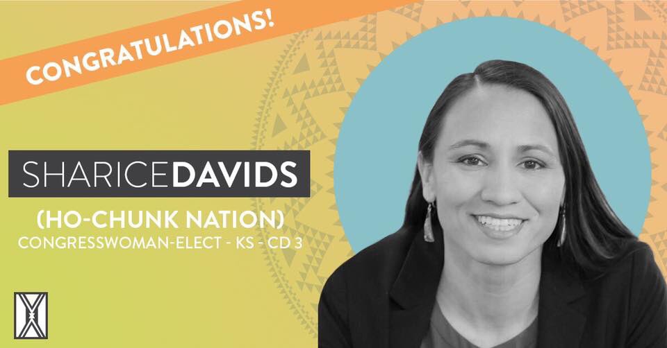 advancenativepl's tweet photo. BREAKING: Sharice For Congress wins her race to the US House!!! She will represent the 3rd District of Kansas and is the second Native American woman elected tonight to Congress. Tonight is truly historic for #BuildingNativePower!!! #NativeVote18 https://t.co/OLPaI5Xwtx