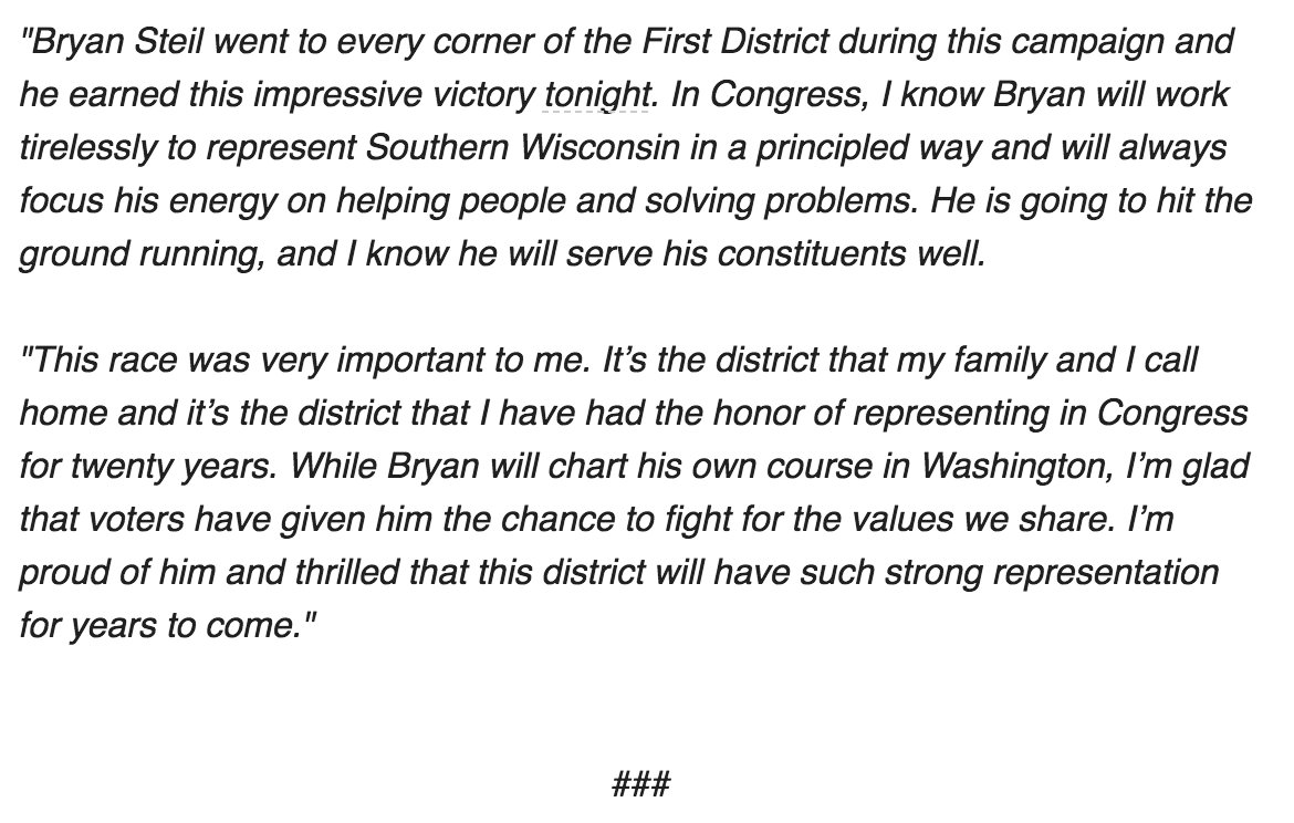 Congratulations to @BryanSteilforWI on his win tonight. Bryan went to every corner of #WI01 during this campaign and he earned this impressive victory. My full statement: