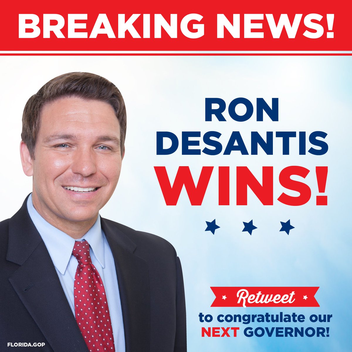 We are proud of our next Governor, @RonDeSantisFL! Thanks to your support and votes we have secured a huge victory for Florida!