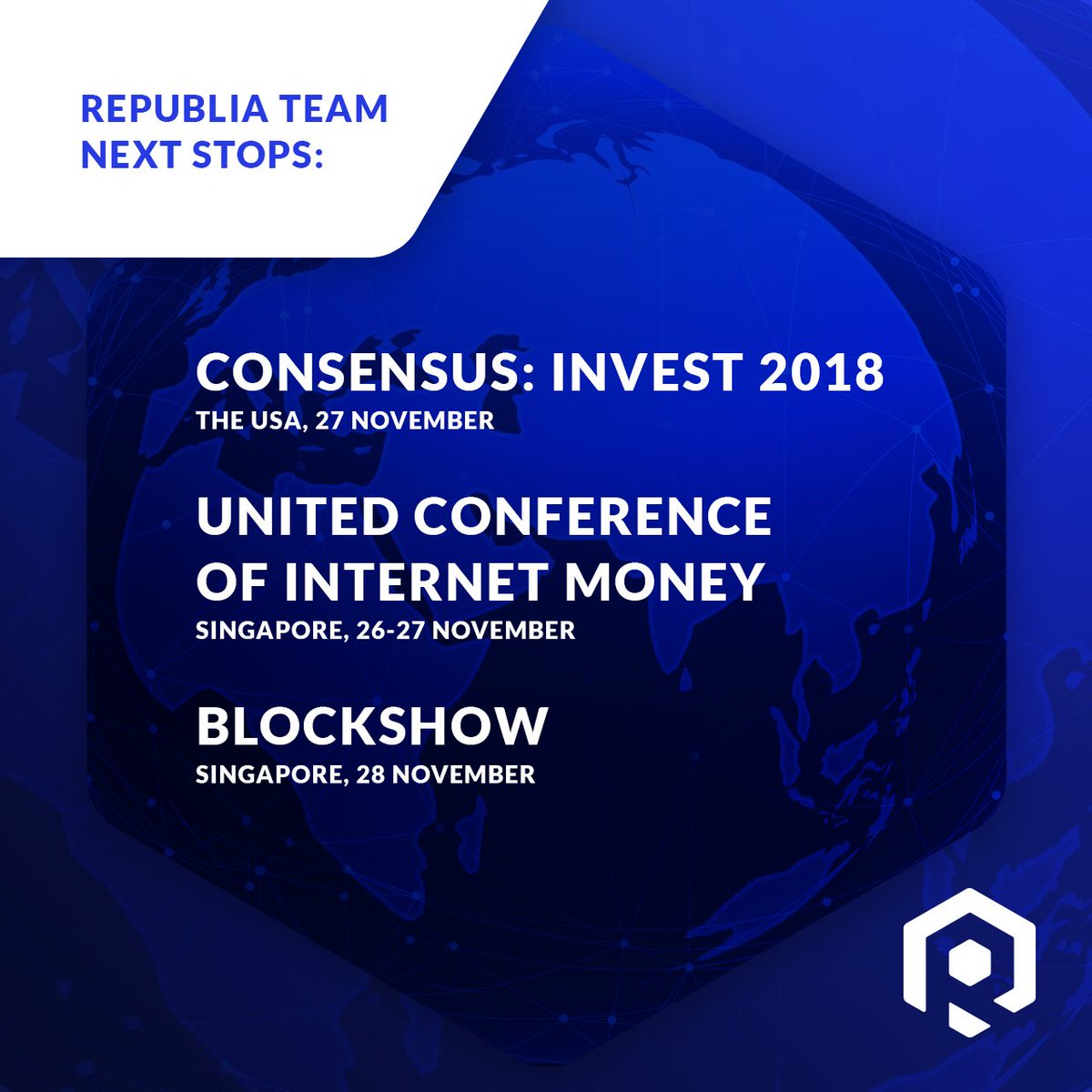 Mark your calendars for the upcoming events in November with the Republia team! See you there! 🇺🇸🇸🇬 #Republia #blockchain