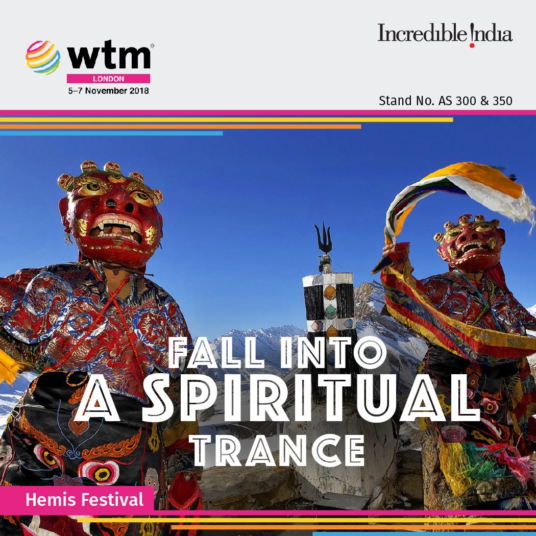 incredibleindia's tweet photo. Watch Buddhist monks dressed up in brocade costumes and colourful
masks dancing to the tune of soothing chants at the Hemis festival in Ladakh. 

To discover more about India, the land of festivals, visit #IncredibleIndia
pavilion at #WTMLDN https://t.co/VuZGrg2pDg