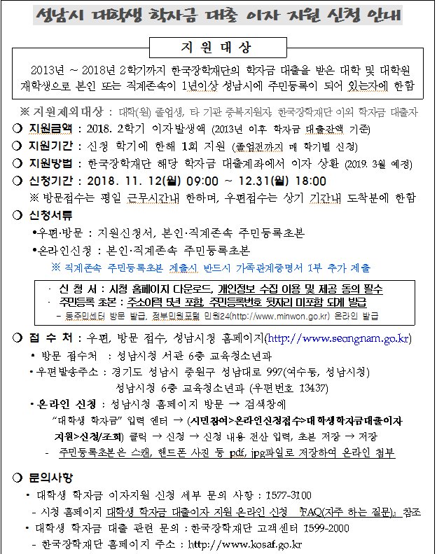알려드립니다 ^^
성남시 대학생 학자금 대출 이자를 지원해드립니다. 
대상이 되시는 분들께서는 아래 신청기간 안에 신청하시면 됩니다!
자세한 문의는 1577-3100 으로 연락바랍니다. :)
#성남시 #대학생 #학자금대출이자지원