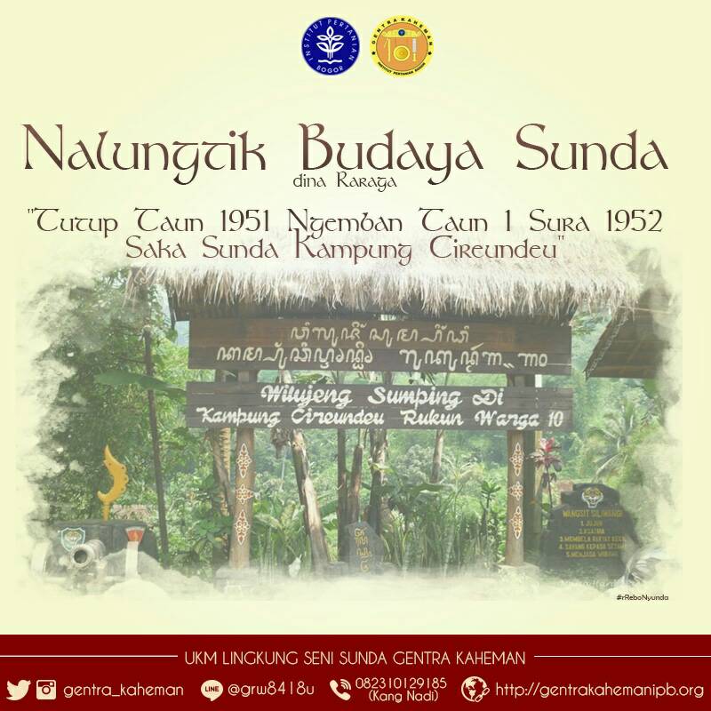 [REBO NYUNDA : Masyarakat Adat Kampung Cireundeu]

Dina sababaraha minggon kapengker UKM Lingkung Seni Sunda Gentra Kaheman IPB kantos angkat ka Kampung Cireundeu, Kota Cimahi, Jawa Barat. 

Baca selengkapnya di web kami
gentrakahemanipb.org/2018/berita/re…]