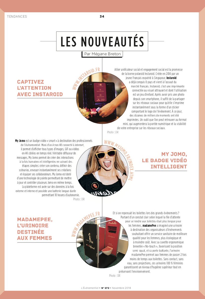 L’ÉVÉNEMENTIEL vous a déniché trois nouveautés innovantes pour vos événements : Instaroid France, MyJomo et MadamePee ! 

Pour en savoir plus et découvrir l'intégralité des tendances du secteur, rendez-vous dans le numéro du mois de novembre :)
bit.ly/2zyNOhx