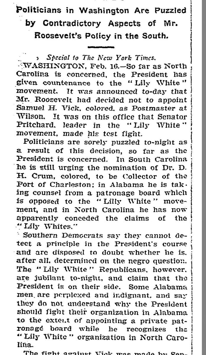 “It was announced to-day that Mr. Roosevelt had decided not to appoint Samuel H. Vick. colored, as Postmaster at Wilson. It was on this office that Senator Pritchard, leader in the "Lily White" movement, made his test fight.” https://afamwilsonnc.com/2015/12/16/samuel-h-vick/ https://twitter.com/blackrepublican/status/962767761884708864?s=20