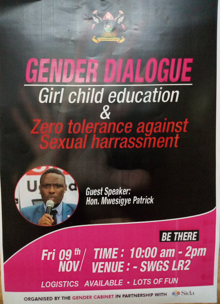 MakerereIGDS's tweet image. The Gender Cabinet in partnership with @Sida has organised a #GenderDialogue on girl child education and sexual harassment,  happening this Friday 9th November at 10am. Please be part of this conversation.