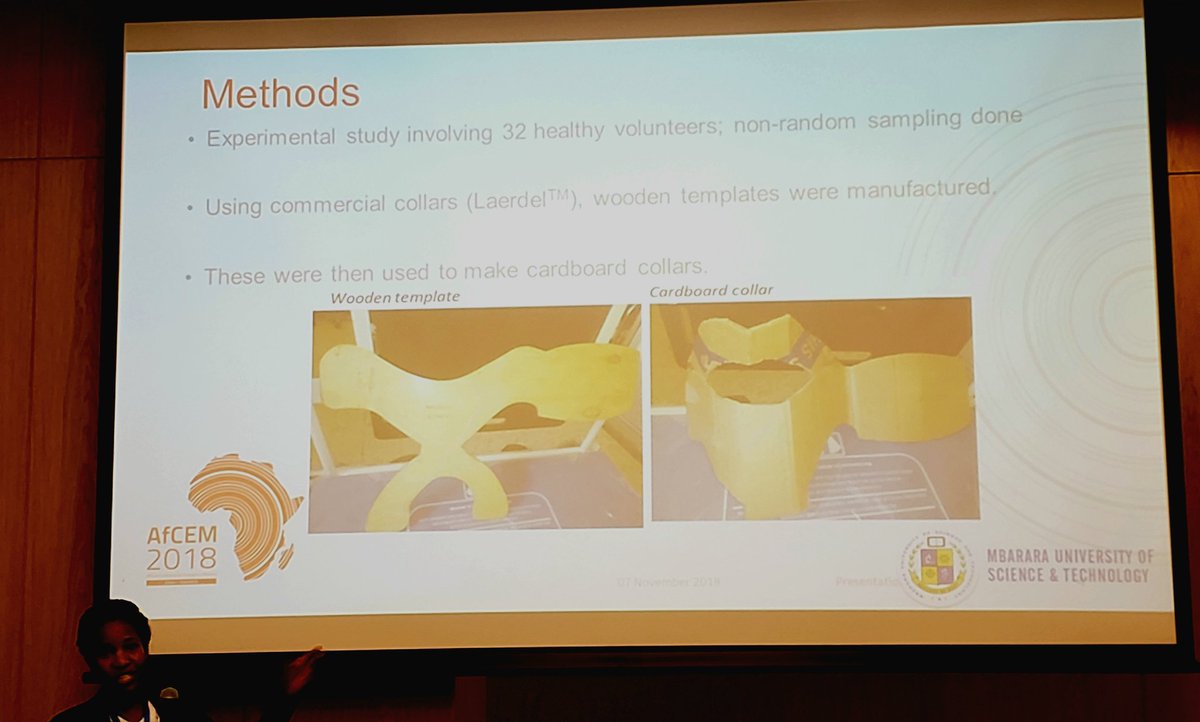 DreifussMD's tweet image. @prisca_kizito (a PGY2 EM resident at @MbararaUST) presents a brilliant model for improvised c-collars for #LMIC &amp;amp; resource-limited settings. Data on efficacy equaling or exceeding commercially available collars was also presented. #macgyver would be proud! @EmedUg #AfCEM18