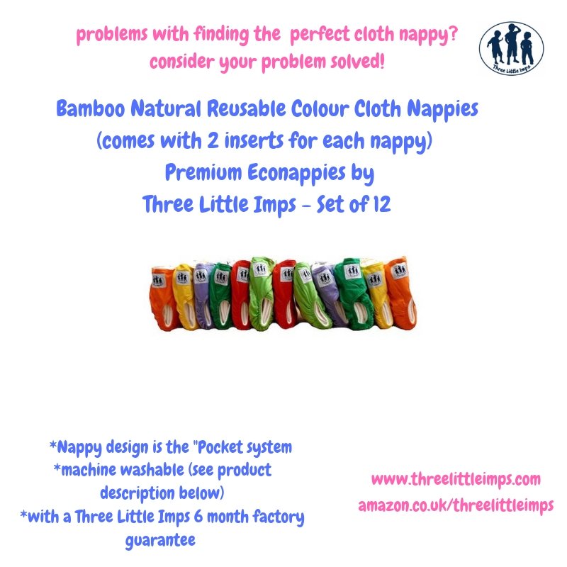 Bamboo Natural Reusable Colour Cloth Nappies 2 Inserts Each Nappy - Premium Econappies by Three Little Imps Set of 6