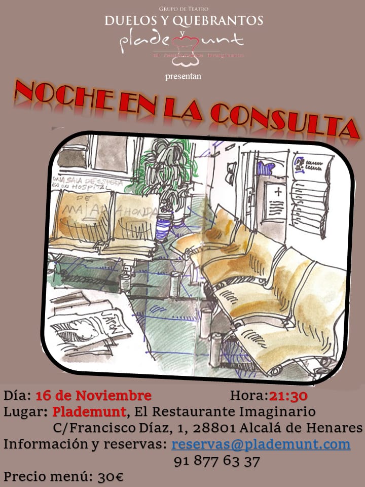 Volvemos con la temporada de #gastroteatro. Os esperamos a todos el 16/11 en Plademunt!! Qué historias nos contará esta consulta??#teatroaficionado #plademunt #plandefinde