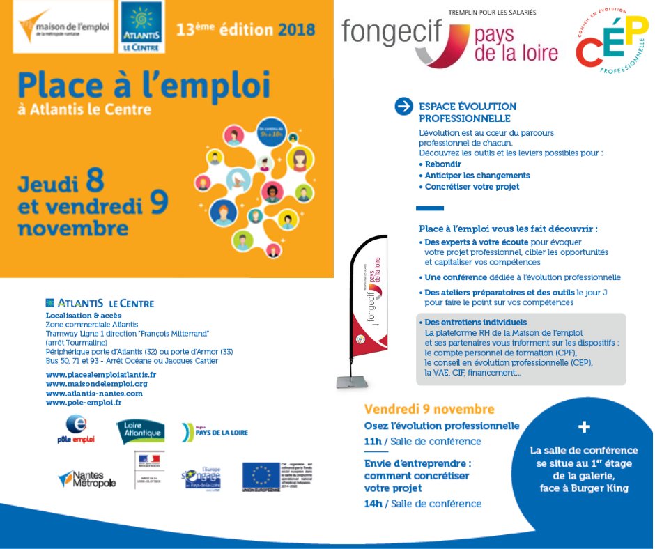 Transitionspdl's tweet photo. Le Jeudi 8 et vendredi 9 novembre nous serons présent au forum Place à l'emploi au centre Atlantis à St Herblain. 
Nous vous accueillerons au Stand 70 accessible depuis l'entrée 1. 
Avec la participation de Nantes Métropole, Pôle emploi, et la Maison de l'emploi https://t.co/065GWstICA