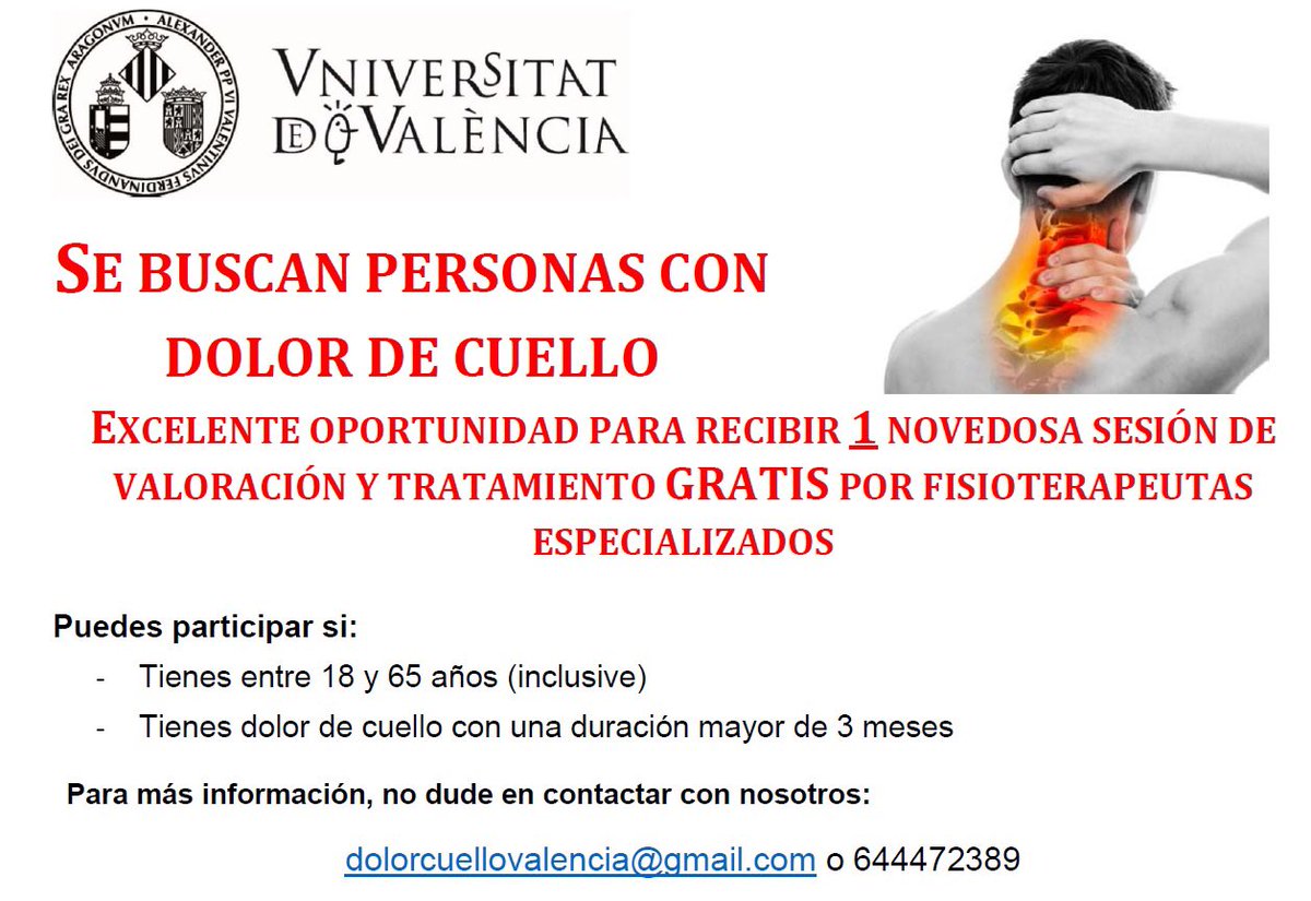 javiperalperez's tweet photo. Estamos realizando un estudio en la Universidad de Valencia con personas con dolor de cuello.

Para participar necesitamos que cumplan dos requisitos:
- Edad 18-65 años
- Dolor de cuello durante + de 3 meses

Si te interesa o conoces alguna persona que pueda participar, contacta. https://t.co/b2SsTcIcxL
