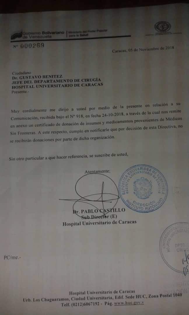 CristalPalacios's tweet photo. Aquí la vocación totalitaria del régimen venezolano: La directiva del Hospital Clínico Universitario rechaza la donación de medicinas por parte de Médicos Sin Fronteras @MSF https://t.co/YCWlXURL5g