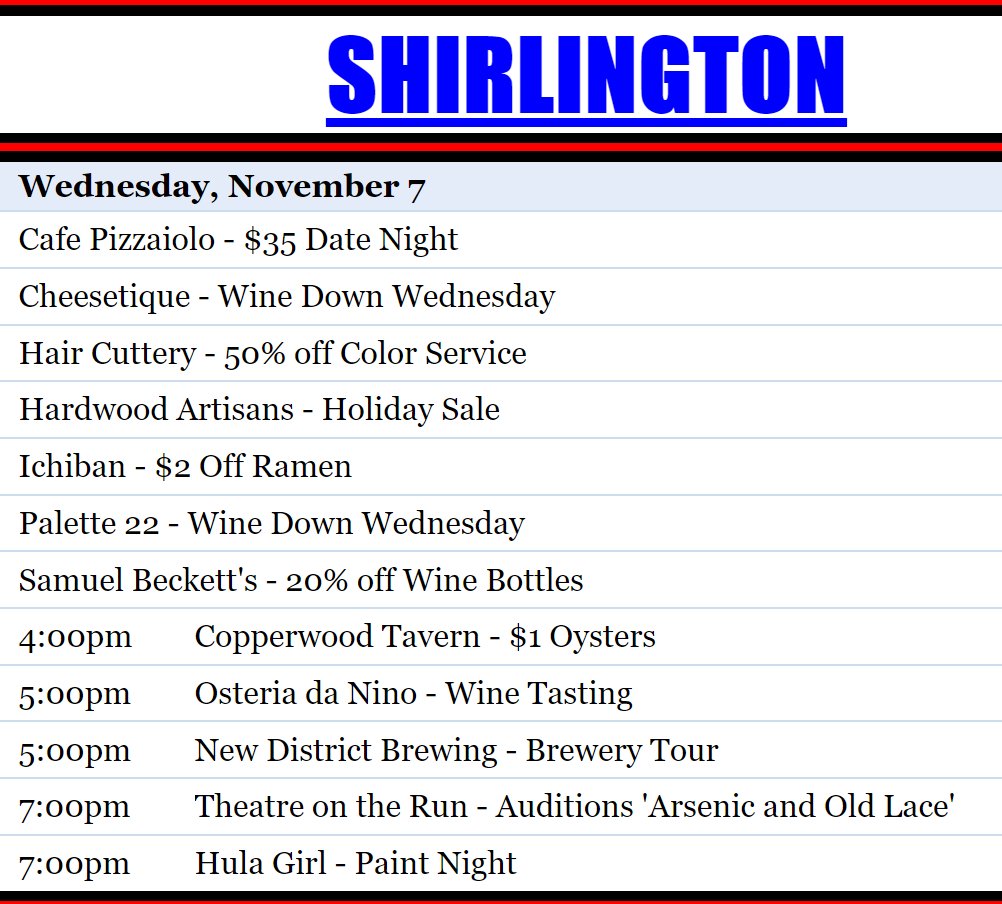 TimsShirlington's tweet photo. Wednesday's @TimsArlington Deals &amp; Events in #Shirlington #ArlingtonVA

https://t.co/ZTxnEgWXgI https://t.co/fqmZTYpSBO