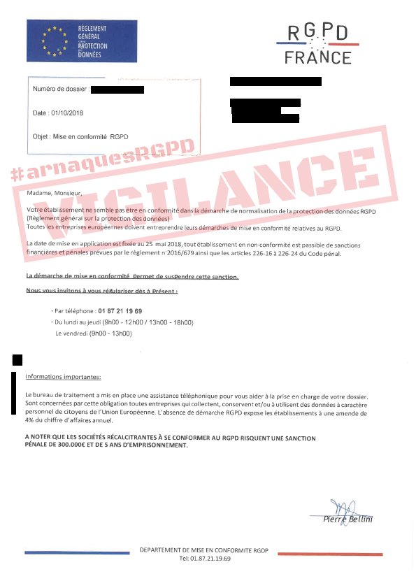 CNIL's tweet image. VIGILANCE | Gare aux #ArnaquesRGPD qui touchent les #TPE/#PME dans toute la France ! → cnil.fr/fr/pratiques-a…

🔺Imprimez/affichez notre notice pour sensibiliser votre réseau local
🔻Visualisez des exemples de courriers frauduleux